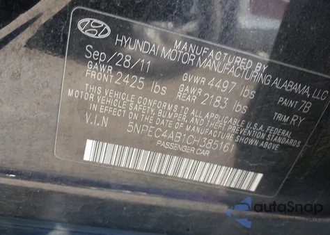 2012 Hyundai Sonata Se 2.0T z USA, uszkodzony, nr VIN 5NPEC4AB1CH385161